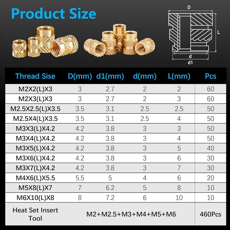 FFVRVSS 460+7Pcs M2 M2.5 M3 M4 M5 M6 Premium Brass Threaded Inserts, Metric Brass Knurled Nuts Assortment Kit, with Heat Set Insert Tool, for Plastic and 3D Printing Components, All-in-one Solutions - Image 3